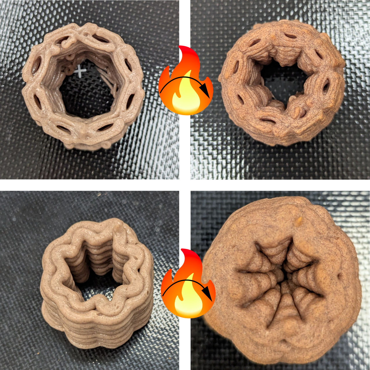 3D printed cylinder showing slumping during baking